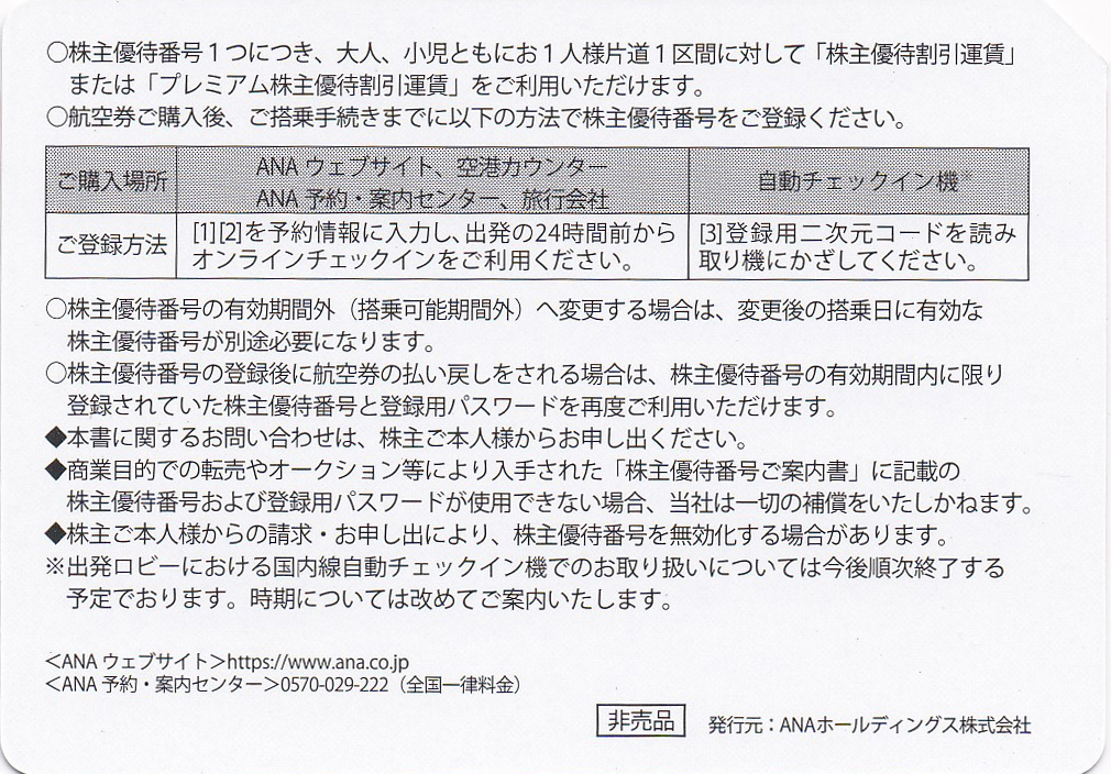 ANA株主優待券(株主優待番号案内書)(2025.5.31)