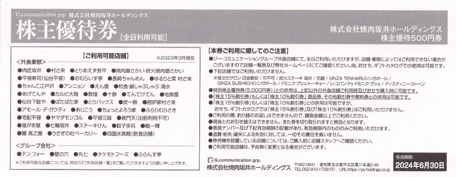 焼肉屋さかい、村さ来、吾平などで使える焼肉坂井ホールディングス株主優待券 寂しく